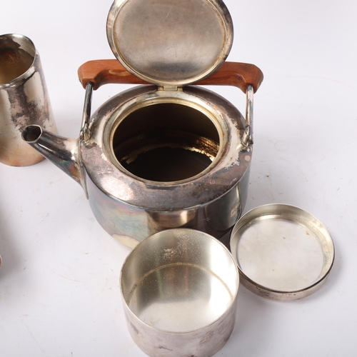 505 - A mid 20th century 4 piece tea set, silver plated with teak handles, comprising teapot, hot water ju... 