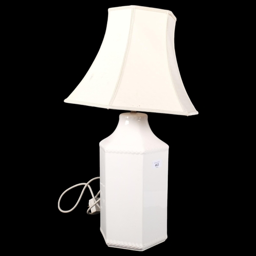 819 - A hexagonal white ceramic table lamp and shade, H66cm