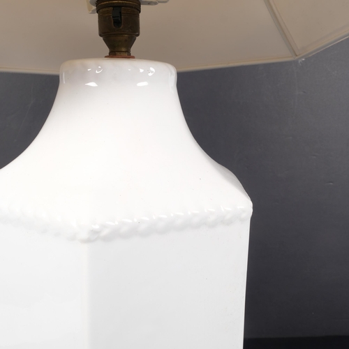 819 - A hexagonal white ceramic table lamp and shade, H66cm