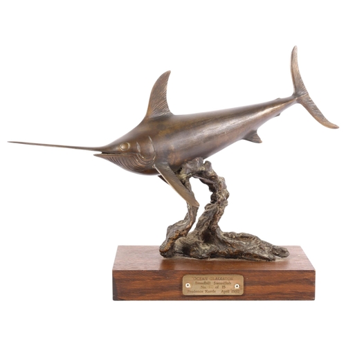 A limited edition bronze "Ocean Gladiator", a broadbill swordfish, no. 12 of 15, by Prudence Kurrle, dated April 1992, on oak plinth, with applied brass plaque, overall length 44.5cm, base width 25cm