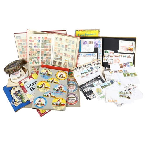 107 - A large collection of various stamps, First Day Covers, and a folder of Vintage cheese labels