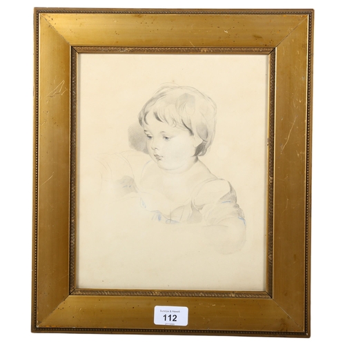 112 - A coloured print of a young girl deep in thought, 37cm x 32cm overall, gilt-framed