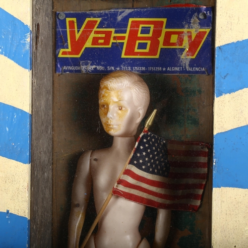 116 - Curiosity/Macabre: Peter Quinnell - 'Ya-Boy' a modern abstract diorama, a doll holding an American f... 