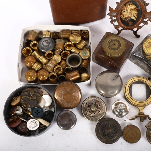 139 - A box of assorted items, including inkwells, hip flask, bottle tops, gilded mounts, etc