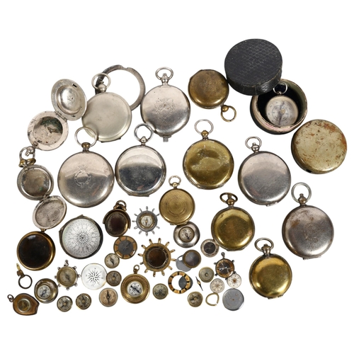 143 - A collection of chrome plate pocket watch cases, brass pocket watch case, compasses, etc (2 small bo... 