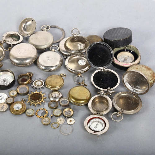 143 - A collection of chrome plate pocket watch cases, brass pocket watch case, compasses, etc (2 small bo... 