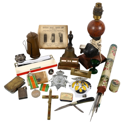 157 - A collection of various items, including a gilt-metal desk calendar, a Bristol green eyebath, an AA ... 