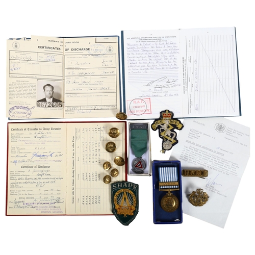 167 - 3 various Service Books for the Army, Merchant Navy, and RAF, various badges, metal and cloth, all r... 