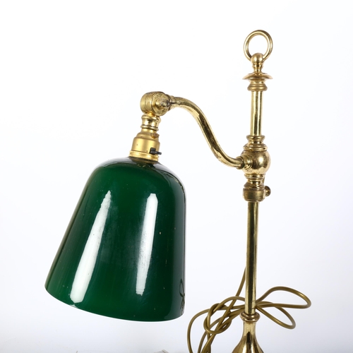 17 - A brass Pullman style desk lamp, with adjustable green glass shade, H62cm