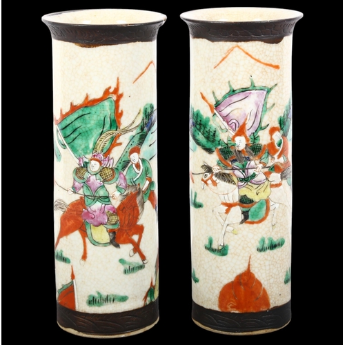 180 - A pair of Chinese crackle glaze sleeve vases, with enamelled warrior decoration and character mark t... 