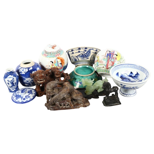 191 - A group of various Oriental china etc, including 3 ginger jars, carved wood dog of fo, etc