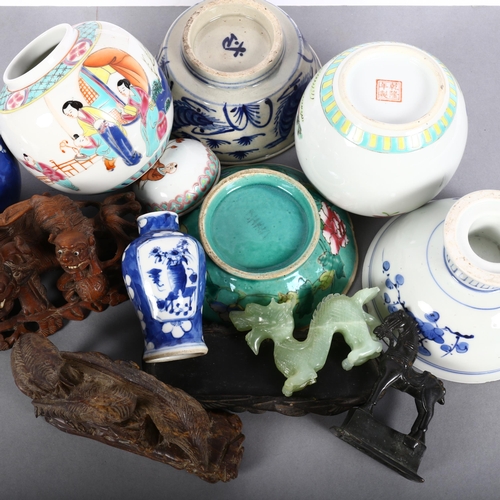 191 - A group of various Oriental china etc, including 3 ginger jars, carved wood dog of fo, etc