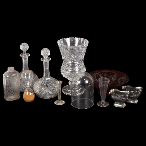 199 - A large cut-glass celery vase, a decanter, a pair of lustre salts, measures, etc