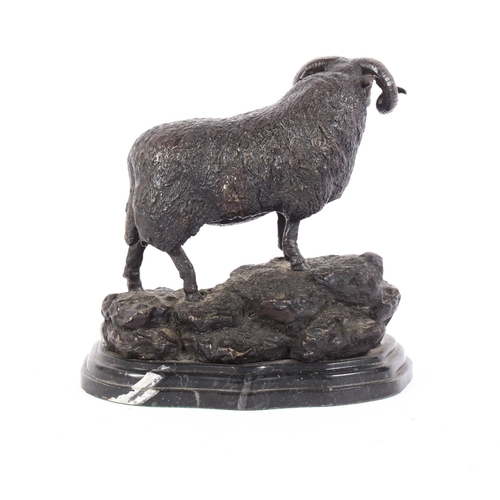 2 - A bronze study of a ram on naturalistic base and shaped marble stand, H21cm