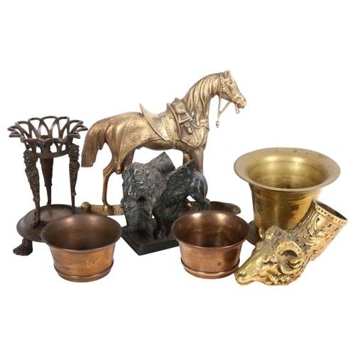 204 - A group of various metalware, including a Classical design brass stand, ram's head mount, pair of br... 