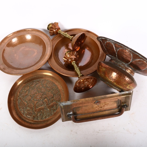 205 - A pair of Arts and Crafts brass and copper candlesticks, copper dishes, etc