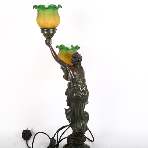 209 - An Art Nouveau design patinated spelter 2-branch table lamp with figural support, with coloured glas... 