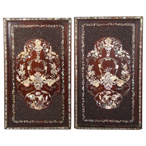 22 - Pair of highly detailed 19th century Chinese rosewood panels, intricate inlaid mother-of-pearl decor... 