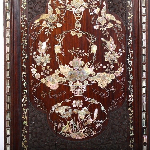 22 - Pair of highly detailed 19th century Chinese rosewood panels, intricate inlaid mother-of-pearl decor... 