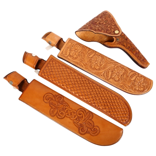 276 - A group of 3 tooled tanned leather machete scabbards, overall length 49cm, together with a tan toole... 