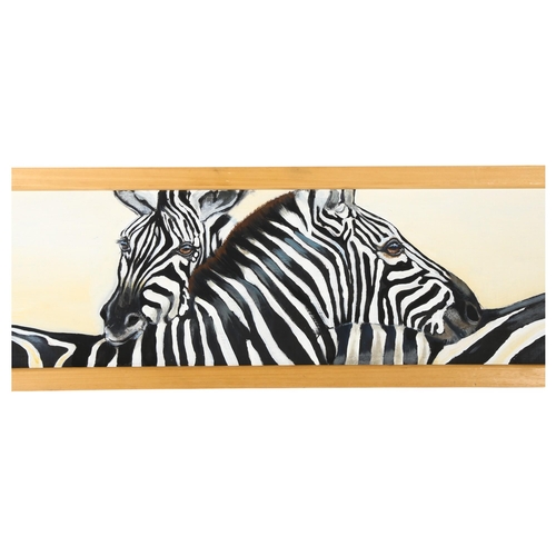 293 - Clive Fredriksson - acrylics on board, panoramic study of Zebra's, signed and dated, framed, overall... 