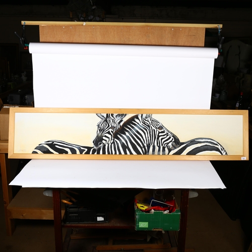 293 - Clive Fredriksson - acrylics on board, panoramic study of Zebra's, signed and dated, framed, overall... 