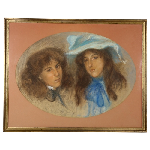 294 - A large Antique pastel portrait of 2 young girls, signed and dated 