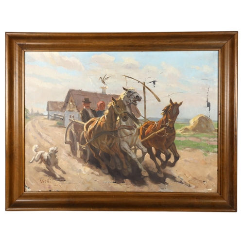 296 - Janos Viski - oil on canvas, farmyard scene, galloping horses pulling wooden carriage, signed bottom... 