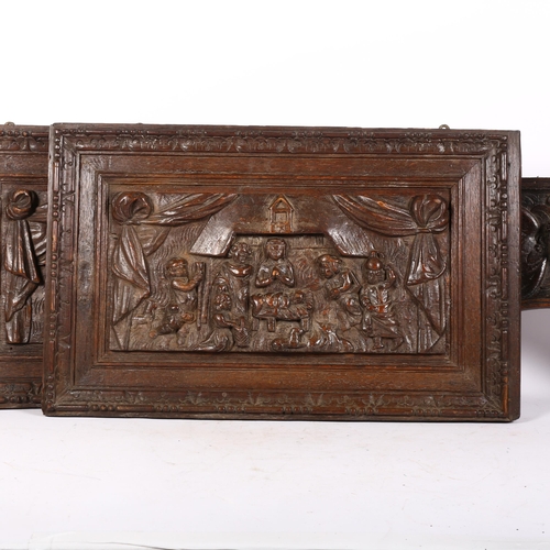 30 - 2 x 18th century relief carved oak panels, 1 depicting the birth of Jesus, and the other depicting k... 