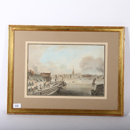 310 - 18th century Dutch School, river landscape Holland, watercolour, unsigned, 25cm x 38cm, framed, prov... 