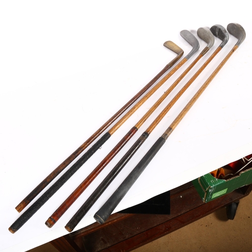 333 - GOLFING INTEREST - a group of 5 hickory-shafted steel-headed golf clubs, various brands and makers, ... 