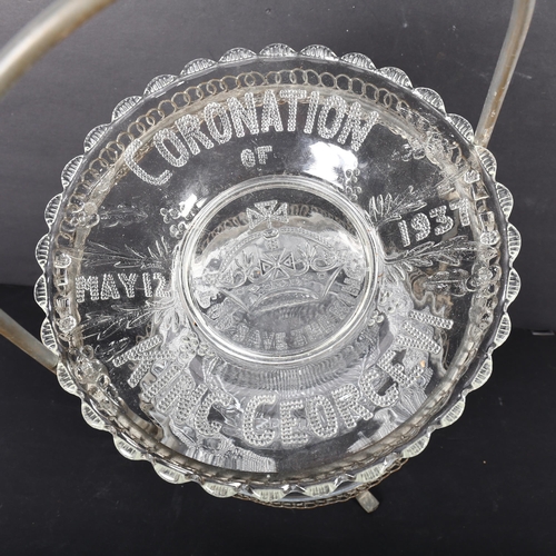 353 - A wrought-metal 2-tier stand with a 1937 Coronation glass plate, and another, H54cm