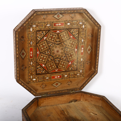 359 - Antique octagonal Kashmiri box with inlaid mother-of-pearl and bone decoration (some damage to the t... 