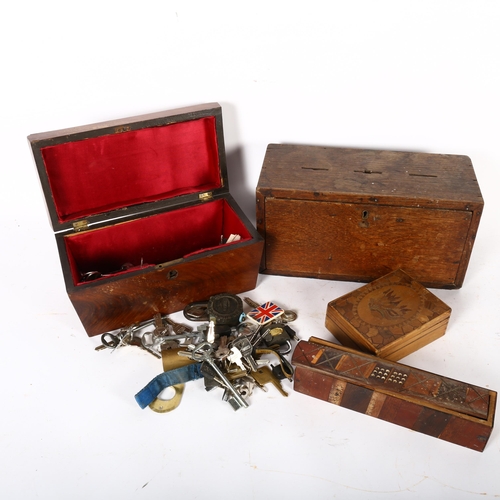 360 - An oak collection box, 31cm, a tea caddy containing keys and padlocks, dominos in inlaid box, and a ... 