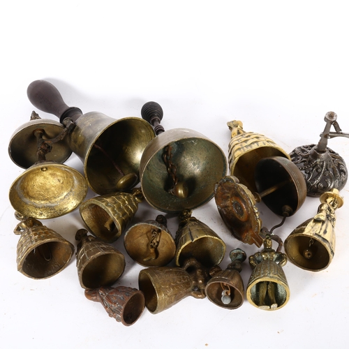 367 - 2 Victorian brass desk bells, 2 bells with turned wood handles, tallest 22.5cm, lady bells, etc