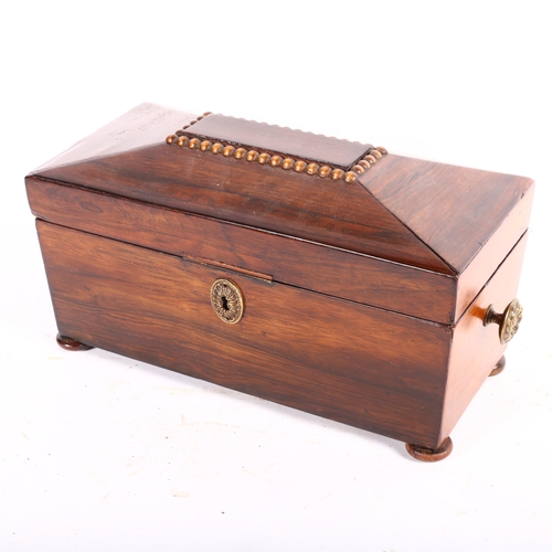 373 - Antique mahogany sarcophagus tea caddy with fitted interior and mixing bowl, length overall 31cm