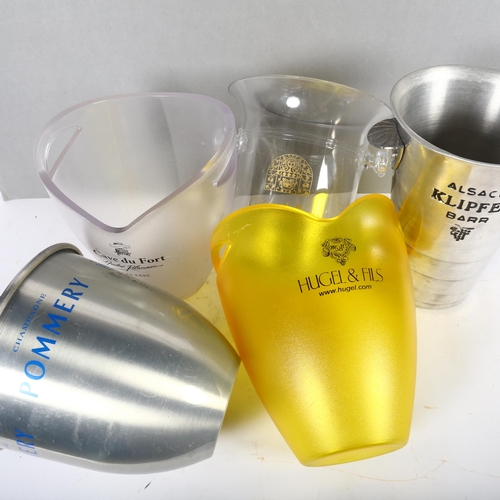 388 - 4 advertising ice buckets, and a yellow plastic ice bucket, H24cm