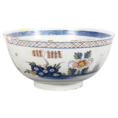 395 - Antique English Delft bowl with polychrome decoration, diameter 26cm, height 12.5cm