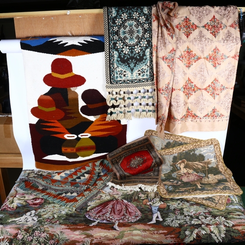 401 - A French tapestry, 170x67cm, and an embroidered wool shawl, 227x104cm, three tapestry cushion covers... 