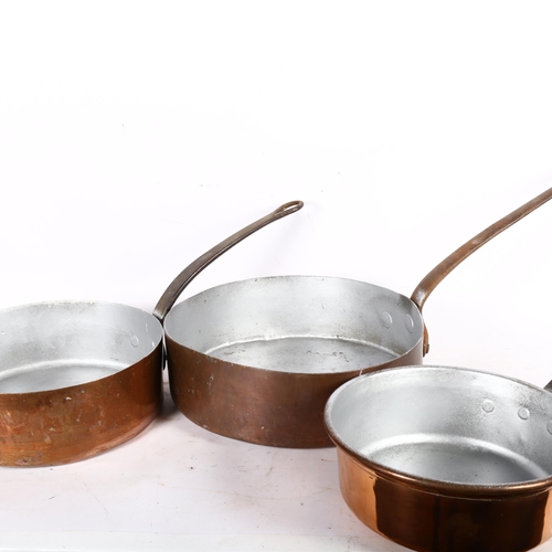 409 - 2 graduated pairs of Antique copper pans with iron handles, largest 36cm diameter