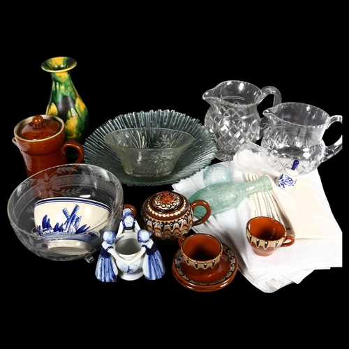 412 - Various decorative china and glassware, and a tablecloth