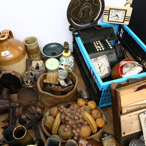 416 - Ladles, spurs, Studio pottery items, and a box with a gong, clock, etc