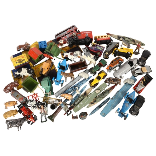 417 - Box of Britains farm vehicles, animals, Tri-ang, ships, Corgi Bugatti, etc