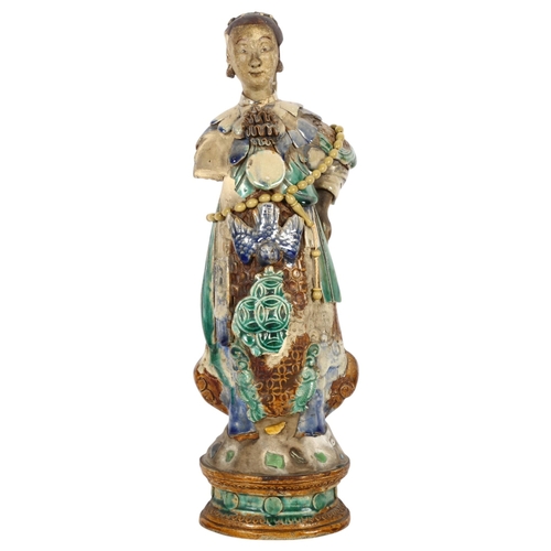 423 - Japanese pottery figure of a woman with enamelled decoration (A/F), and a string of seed beads, H45c... 