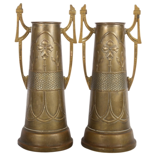 446 - A pair of Arts and Crafts style 2-handled vases with stylised floral design, H33cm