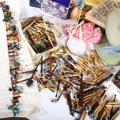 462 - Lace bobbins, anglepoise lamp, fan, books on lacework, etc