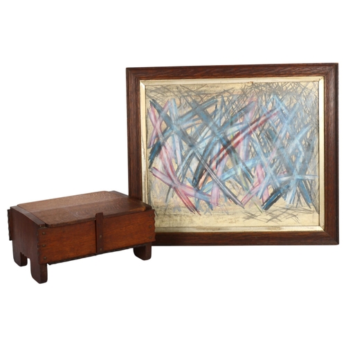 475 - An Artisan-made oak box, and an abstract crayons picture with text in oak frame, 51cm x 59cm