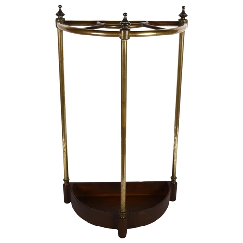 487 - Antique brass demi-lune stick stand, with cast-iron drip tray, H64.5cm