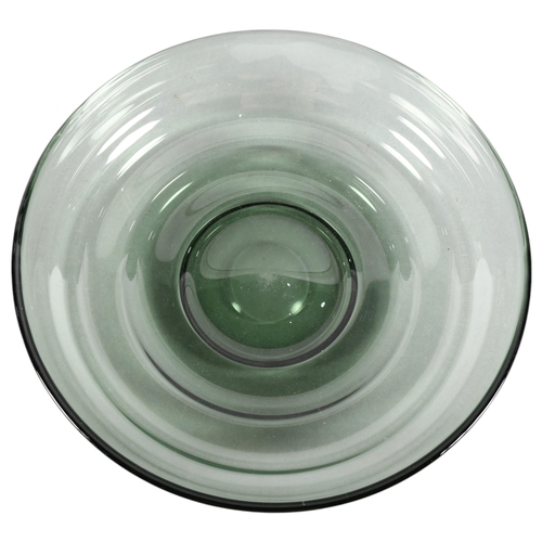 504 - A mid 20th century large green ribbed glass bowl and polished pontil base in the style of Whitefriar... 