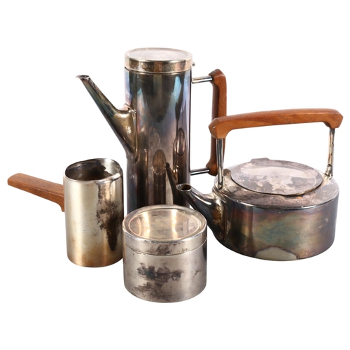 505 - A mid 20th century 4 piece tea set, silver plated with teak handles, comprising teapot, hot water ju... 